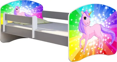 Produktbild von ACMA Jugendbett Kinderbett Junior-Bett Komplett-Set mit Matratze Lattenrost und Rausfallschutz Grau 18 Pony Regenbogen 180x80