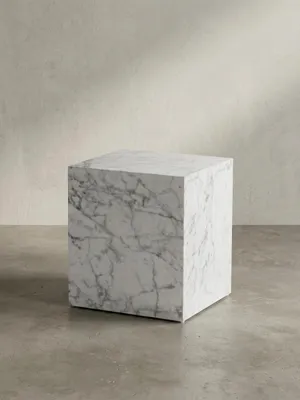 Produktbild von Couchtisch MONOBLOC 40x40x45 cm Weiß Hochglanz mit Marmor Optik, Wohnzimmertisch Cube Quadratisch, Design Sofatisch, Lounge Beistelltisch Würfel-Form