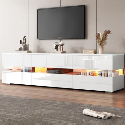 Produktbild von Moderner weißer Hochglanz-TV-Schrank, 160x39x45 cm, mit LED-Beleuchtung, 2 Türen, 1 Schublade, offenes Fach, geeignet für 70-Zoll-Fernseher – mit Acryl-Glaseinsatz und Drucköffnung,Hochglanz-TV-Stände