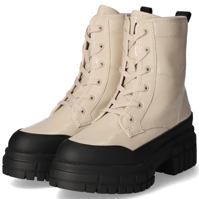 A pair of beige and black combat boots.