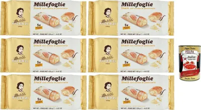Produktbild von Matilde Vicenzi millefoglie snack alla crema pasticcera, Blätterteigbacken, knusprige und zarte, snack gefüllt von Pudding creme 6x 125g + Italian gourmet polpa 400g