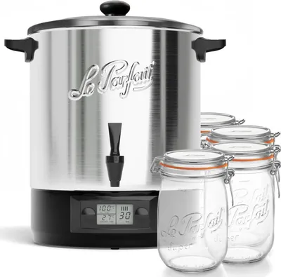 A stainless steel water bath canner with a digital display and a set of glass jars.