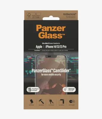 Produktbild von PanzerGlass ® CamSlider® Dislayschutz iPhone 14 | 13 | 13 Pro | Ultra-Wide Fit m. EasyAligner, Apple, Apple - iPhone 14, Apple - iPhone 13, Apple - iPhone 13 Pro, Trockene Anwendung, Kratzresistent, Schockresistent, Transparent, 1 Stück(e)