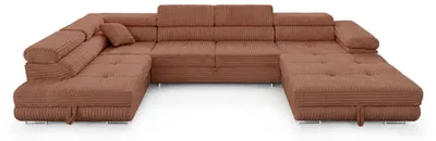 Produktbild von Wohnlandschaft Cordo U-Form XXL 345 cm Schlaffunktion 2 Bettkästen Breitcord Terrakotta Links