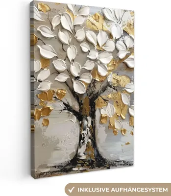 Produktbild von MuchoWow® - Leinwandbilder - Baum - Beige - Grau - Gold - Abstrakt, Wandbild, Wanddeko Bilder Wohnzimmer, 40x60cm