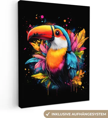 Produktbild von MuchoWow® - Leinwandbilder - Graffiti - Vogel - Tukan - Blätter, Wandbild, Wanddeko Bilder Wohnzimmer, 90x120cm