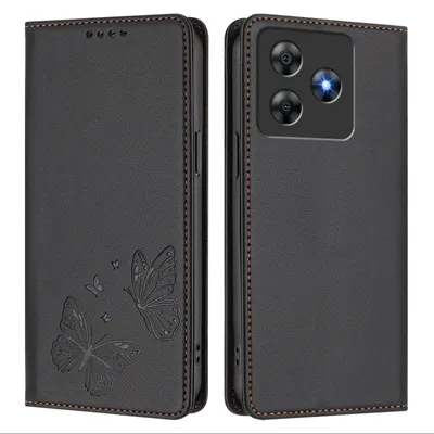 Produktbild von Lederhülle für Blackview Wave 8 /Wave 8C, Schmetterling Prägung Leder Brieftasche Schutzhülle mit Ständer Schwarz