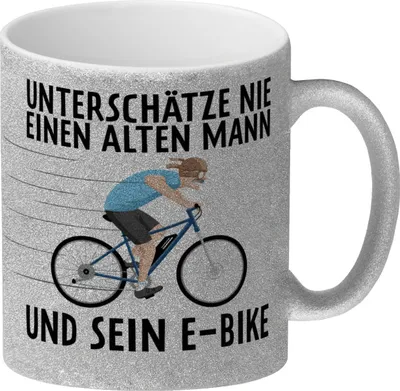 Produktbild von Unterschätze nie einen alten Mann und sein E-Bike Glitzer-Kaffeebecher