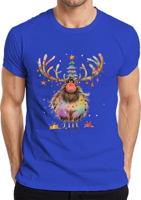 Produktbild von Lustiges Weihnachtsrentier Geweih Weihnachtsbaum Lichterkette Herren T-Shirt, Blau, S
