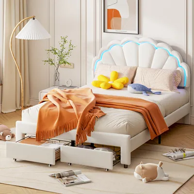 Produktbild von Fortuna Lai Polsterbett 140x200cm mit Lattenrost, Kinderbett mit Blumenform Kopfteil, Jugendbett Doppelbett mit Led und Schublade, Prinzessinnenbett Holzbett, Samt, Weiß