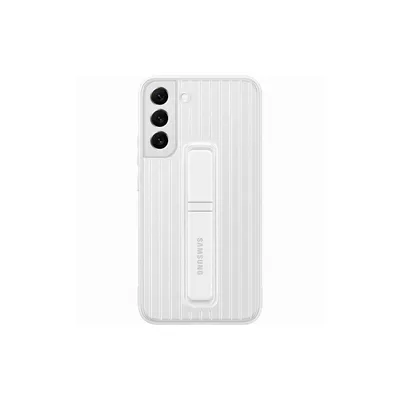 A white smartphone case with a built-in stand is shown against a white background.