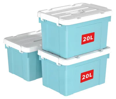 3 Aufbewahrungsboxen 20L mit Deckel, Kunststoff, stapelbar, blau