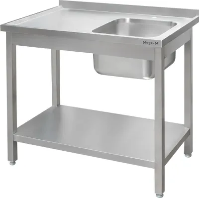 Zdjęcie produktu dla Gastronomiczny stół ze stali nierdzewnej przyścienny spawany ze zlewem po prawej stronie i z półką Mega-M 120x70x85 cm
