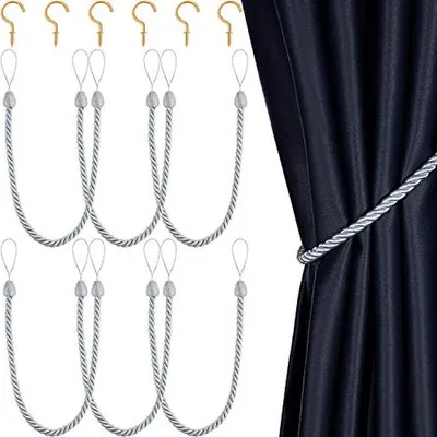 Productafbeelding van Gordijnhouders Set - Gordijn Tiebacks - Raamdecoratie Stylen - Gevlochten Touw Design - 6 Stuks - Zilver