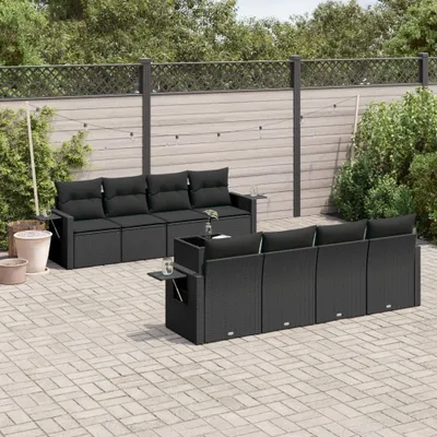 Produktbild von Design 9-tlg. Garten-Sofagarnitur mit Kissen Schwarz Poly Rattan, Gartenmöbel-Sets 2024 Neu