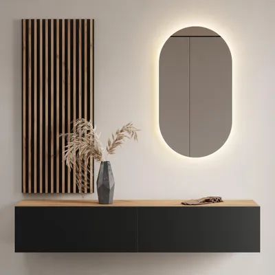 Produktbild von Flurgarderobe 160 cm mit Wandpaneele und Spiegel mit LED-Beleuchtung gold eiche / anthrazit
