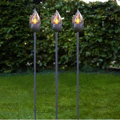 Produktbild von BUVTEC 3er-LED-Solar-Gartenfackel-Set 'Chiemsee', geschlossen, Edelstahl, ca.115 cm x 8 cm 1 Amber LED, mit Solarpanel, incl. Akku, Outdoor, Glas geschlossen, Winterfest.