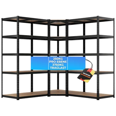 Produktbild von ALL Premium Schwerlastregal Eckregal 180x90x60 cm + 2X 180x90x60 cm Schwarz - 1250kg Traglast ideal für Keller & Garage