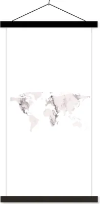 Produktbild von MuchoWow® Textilposter Weltkarte - Marmor - Weiß 60x120 cm mit schwarzem Rahmen - Magnete