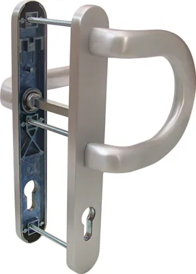 A silver-colored door handle set with its internal mechanism visible.