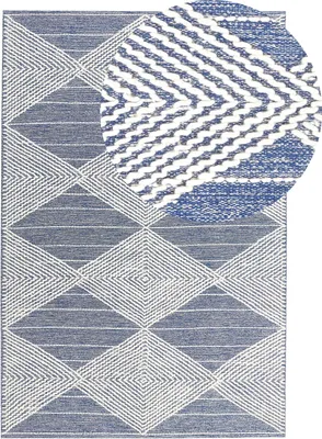 Zdjęcie produktu dla BELIANI Dywan beżowo-niebieski wełna poliester 160 x 230 cm ręcznie tkany geometryczny wzór w stylu boho do salonu sypialni
