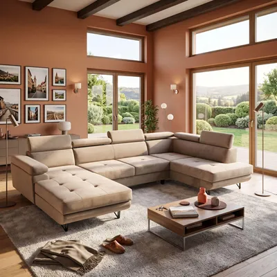 Produktbild von MUFFO Ecksofa U-Form JUNIOR U Rechts mit Schlaffunktion 128x254 Velours Beige