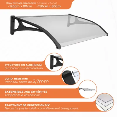 Produktbild von Wasabi - Vordach Tür Außen 150x80 cm – 2,7 mm Massives Polycarbonat – Aluminium-Träger – Einfache Montage