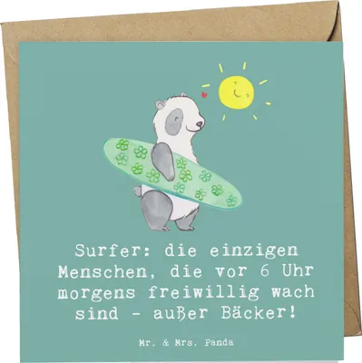 Produktbild von Mr. & Mrs. Panda Klappkarte Surfen Frühaufsteher - Meeresbrise - Geschenk, anlasskarte, Grußkarte, Sportart, faltkarte, Strand, Sportler, Glückwunschkarte, Früher Vogel