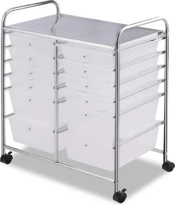 Produktbild von GOPLUS Rollwagen Schubladenwagen, Rollcontainer Metallgestell mit 12 Transparenten Schubladen, Haushaltwagen auf Rollen mit Bremsen, Badtrolley Badregal, Aufbewahrungswagen für Heim und Büro