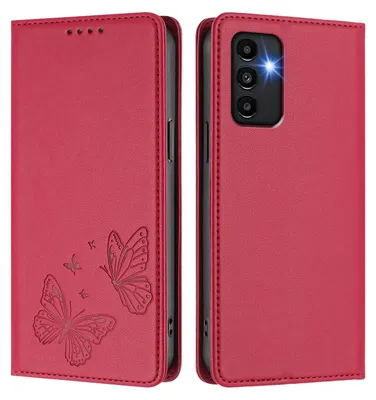 Image de Étui en cuir pour Samsung Galaxy A13 / A04 / A04S, étui de protection type portefeuille en cuir gaufré « papillon » avec support, rouge