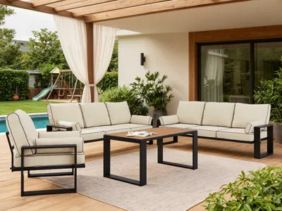 Produktbild von MKS MEBLE Terrassenmöbel Set, Gartenlounge Set für 7 Personen mit zwei Sofas, Sessel und Tisch, Gartenmöbel auf Metallbeinen, Sitzgruppe Garten - ELBA 3 - beige