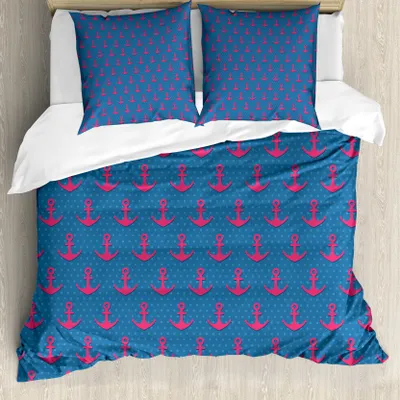 Produktbild von ABAKUHAUS Anker Bettbezugs Set Für Doppelbetten, Rhythmische Maritim Ikonen, Milbensicher Allergiker geeignet mit Kissenbezügen, Violettblau und Magenta