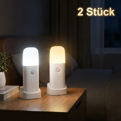 Produktbild von 2 Stück LED Nachtlicht mit Bewegungsmelder, 6M Sensorlicht, 5 Helligkeitsstufen & 3 Modi (inkl. SOS) – Bis zu 6 Monate Akkulaufzeit, USB-C Aufladung