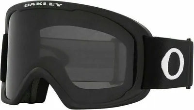 A pair of black Oakley ski goggles with a dark grey lens, shown from the side against a white background.