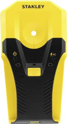 A yellow and black Stanley material detector is shown against a white background.