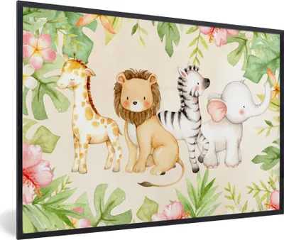 Produktbild von MuchoWow® MuchoWow® Gerahmtes Poster Dschungel - Tiere - Blumen - Pflanzen 60x40 cm - Poster mit zchwarzem Bilderrahmen - Printing - Wanddeko Schlafzimmer