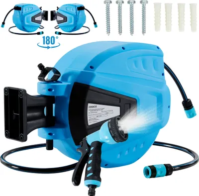 Produktbild von AREBOS Gartenschlauchaufroller 20 m, Schlauchaufroller, schwenkbare Schlauchtrommel, Wand-Schlauchbox mit Arretierstop, Inkl. Wandhalterung, Blau