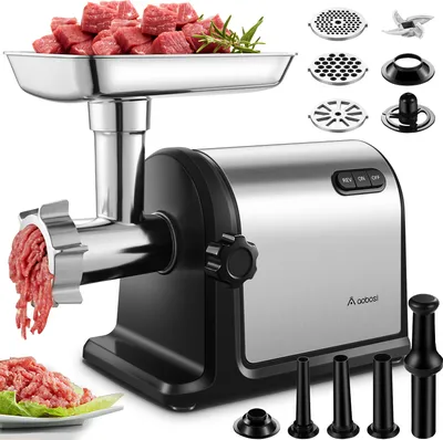 Produktbild von AOBOSI 3-In-1 Fleischwolf Elektrisch mit 3 Edelstahl-Schleifplatten, 1 Kubbe and 3 Wurstfüllrohren