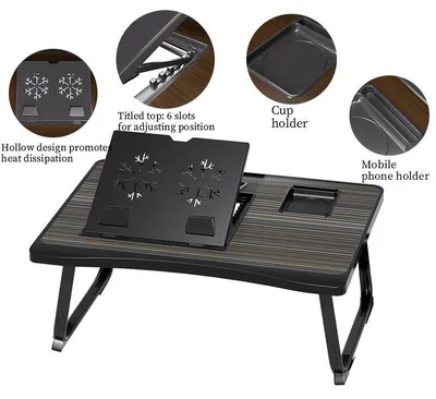 Produktbild von Klapptisch für Laptop - Laptoptisch für Bett und Sofa - Höhenverstellbar - L-Form - Holz - Mit Schubladen - Schwarz