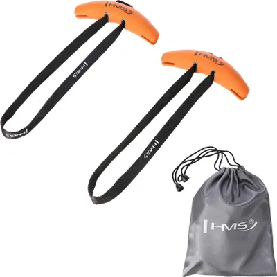 Two orange fitness grips with black straps and a gray storage bag.