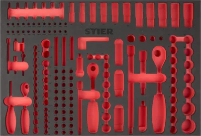 Produktbild von STIER Weichschaumeinlage (EVA) für Steckschlüssel-Satz 179-teilig, leer, für Werkbank und Werkstattwagen, 570 x 400 x 30 mm, mit eingefrästen Schnellfinder-Labels