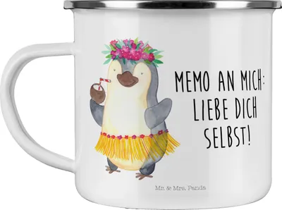 Produktbild von Mr. & Mrs. Panda Pott Pinguin Kokosnuss - Weiß - Geschenk, wanderbecher, Haferl, Teetasse, Ferien, Urlaub, Hawaii, Aloha, Emaille Tasse, Becher