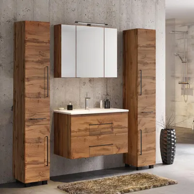 Produktbild von Badmöbel Set in Wotaneiche mit 80cm Waschtisch MANLY-03 LED-Spiegelschrank & 2 Hochschränke, BxHxT ca. 170x195x47cm