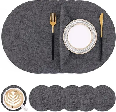Produktbild von Abwaschbare Tischsets, Rund und Doppelseitig, Wasserdicht und Rutschfest, Kunstleder Platzdeckchen mit Untersetzern (6er Set, Dunkelgrau)