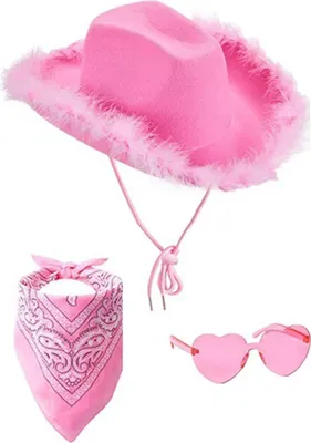 Produktbild von 3-teiliges Cowboyhut-Set für Damen, rosa, Western-Fellhut mit Bandana, Brille, Zubehör, Kopfbedeckung