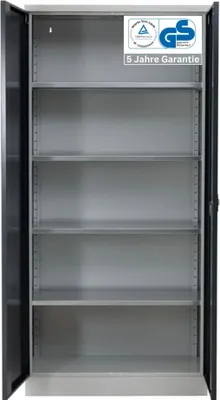 Produktbild von Stahlschrank BEE mit 8 verzinkten Fachböden | HxBxT 195x92x50cm | Korpusfarbe Lichtgrau, Frontfarbe Anthrazit | Werkstattschrank Werkzeugschrank Aktenschrank Universalschrank