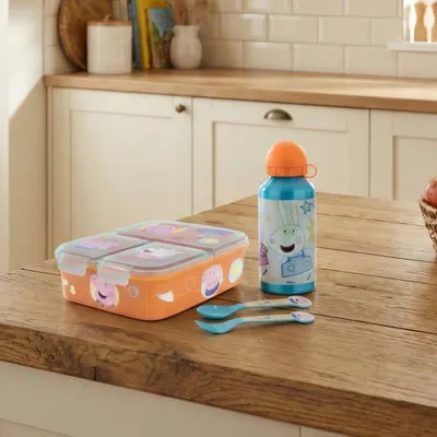 Produktbild von Peppa Wutz Pig 4 teiliges Kinder Set 3 Kammern Brotdose Alu-Trinkflasche Besteck