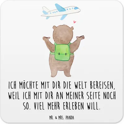 Produktbild von Mr. & Mrs. Panda Tischuntersetzer Bär Flugzeug 6er Set - Weiß - Geschenk, für Freundin, Jahrestag, Frauen, Untersetzer Gläser, Tisch, Valentinstag, Hochzeitstag, Coaster