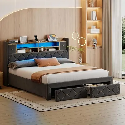 Imagen del producto de Cama tapizada de 180x200 con puertos USB y luces LED, color gris. Cama doble con cajones