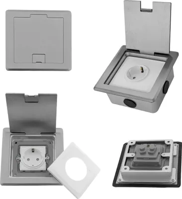 A collage of images showing different views and components of a stainless steel floor socket.
